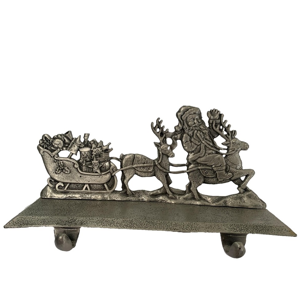 Santa Claus Sleigh Reindeer Stocking Holder Heavy Metal Christmas Mantle Decor